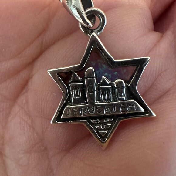 Sterling Silver Lab Opal Pendant Star of David Jerusalem Necklace - Picture 5 of 8